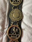 5 Vintage English Brass Horse Medallions On Leather Strap Bridle Equestrian