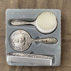 Vtg Silverplated Baby Vanity Set Hand Mirror Brush Comb Teddy Bear Ornate Child