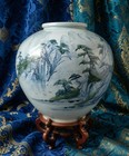 Porcelain Baluster Vase   Stand Large Korean Asian Signed Landscape Tao Yong Vtg