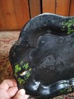 Antique Early Primitive Metal Tin Toleware Green Floral Scallop Edge 12  Patina
