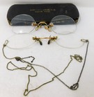 Two Pairs 1920s Pince-nez Shuron Eyewear Glasses Gold Fill Frames Chains Case