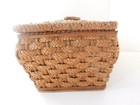 Vintage Braided Wicker Sewing Basket With Rich Deep Pink Tufted Lining Hinge Lid