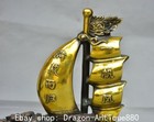 10 4  Rare Old Chinese Bronze Gold-plating Boat Ship Ship Coin Wealth Statue