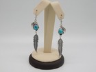 Native American Indian Sterling Silver Turquoise Stone Seeded Feather Earrings