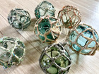 Vintage Japanese Glass Fishing Floats Set Of 7     Hand Blown W  Original Nets