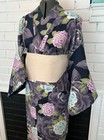Japanese Vintage Yukata     Large Rose Print On Gray  Women s Cotton Kimono