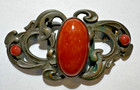 Art Nouveau English Tb Signed Red Coral Cab Glass Belt Buckle Filigree Brooch