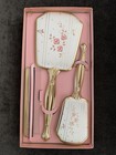 Vintage 3-pc Dresser Vanity Set Hand Mirror Brush Comb Gold Floral Design In Box
