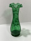 Antique Hand Blown Emerald Glass Vase Moser  Painted Enamel Ruffled Edge 9 5   