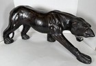 Vintage Mid-century Black Leather Wrapped Panther Statue Figure Green Eyes 22 