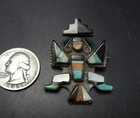 Old Vintage Zuni Sterling Silver Knifewing Pin brooch Turquoise Coral Jet Inlay