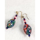 Vintage Italian Millefiori Glass Bead Dangle Earrings Red White   Blue 1980s Euc