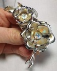 Brooch Pin  Silver Tone 3d Flower Leave Enamel Aurora Borealis Crystal Center 3 