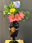 Vintage Bohemian Czech Glass Vase Black Gilt Hand Painted Enameled Flowers 9  