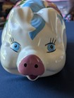 Vintage Piggy Bank Larger Floral Pig With Bow And Flowers Hand Painted Ceramic