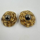 Vintage Musi Shoe Clips Textured Gold-tone Flower Gray Cabochon 1970s