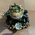 Frog Prince Magnetic Trinket Box Enameled W Metal Rhinestone Green Yellow Gold