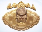 Vintage Brass Desk Top Ink Well Glass Crystal