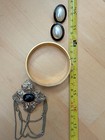 Vintage Gold Tone Set Black Enameled Bracelet  Earrings   Brooch