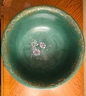 10  Green Glazed Decorative Footed Bowl W  Enameled Floral Design   Gold Detail
