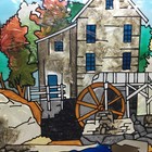 Vintage Handmade Stained Glass Sun Catcher Mill Trees Water Wheel