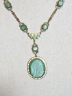 Vintage Czech Art Deco Necklace Greem Satin Glass And Enamel