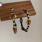 Vintage Tiger Eye Hoop Earrings     Black Enamel Gold Crystal Hoops  Retro Baroque