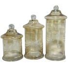 Vintage Glass Apothecary Jars Set 3 Etched Circus Tent W lids Hand Blown Amber