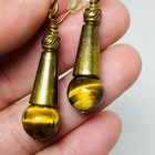 Tigers Eye Tear Drop Earrings Vintage Gold Tone 1 