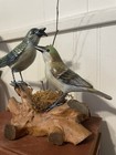 Vintage Folk Art Hand Carved And Painted Pair Of Birds Figure- Burl Wood Base
