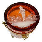Antique Bohemian Mary Gregory Etched Amber Glass Footed Dresser Trinket Box