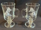 2 Vintage Irish Coffee Glass Footed Pedestal Mugs Embossed Shamrocks Clovers 