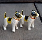2 Vintage Terriers Painted Cast Iron Figurines Antique Mini Pair Dog Sculptures