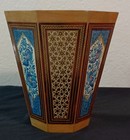 Persian Khatam Kari Small Hand-painted Wooden Waste Basket Birds Copper Inlay