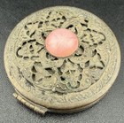 Vintage Art Deco Filigree Powder Compact Mirror Pink Cabochon Unmarked