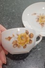 Antique Doll Child Dishes Lot Of 3 Tea Set Yellow Rose Pattern Metal Stand