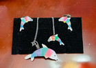 Dolphin Abalone Shell Inlays Jewelry Set 3 Pieces - Brooch Necklace Earrings 