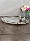 Vintage Oval Mirrored Vanity Tray Metal Rim Frame Burgundy Felt Bottom 16 In
