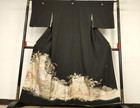 Formal Kurotomesode Kimono     Noshi   Floral Pattern     Gold Silver Accents     Silk