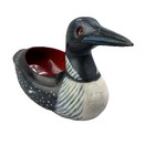 Hand Carved Wood Loon Bird Figurine Black White Red Bowl Decor Centerpiece Art