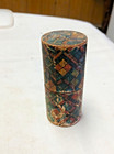 Antique Round Wooden Sewing Machine Needle Case With Decorative Paper Designs