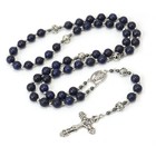 Lapis Lazuli Blue Beads Rosary Necklace Miraculous Medal With Silver Crucifix