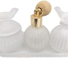 Vintage Frosted Satin Glass Vanity Set Bird Dove 4pc Perfume Atomizer Powder Jar