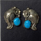 Vintage Sterling Silver Turquoise Leaf Flower Stud Earrings Navajo Style Jewelry