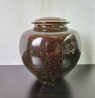 Vtg Studio Art Pottery Signed Jar With Lid Black Brown Speckled Glaze Euc