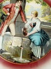 Vintage Victorian Lithograph Glass Chimney Flue Cover   Courtship At A Fountain