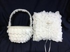 White Rose Pattern Design Flower Girl Flower Basket   Ring Pillow Set Wedding 