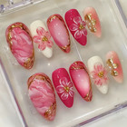 24pcs Mid-length Gilded Almond Nails Set Press On 3d Flower Gradient Pink Full C