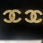 Authentic Chanel Cc Logo Rhinestone Earrings Vintage Gold Plated W box