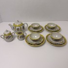 Vintage 17 Pc Childrens Tea Set Hand Painted Porcelain Floral Yellow Trim Japan